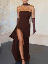 Elegant Bandeau Neck Slit Party Maxi Dress